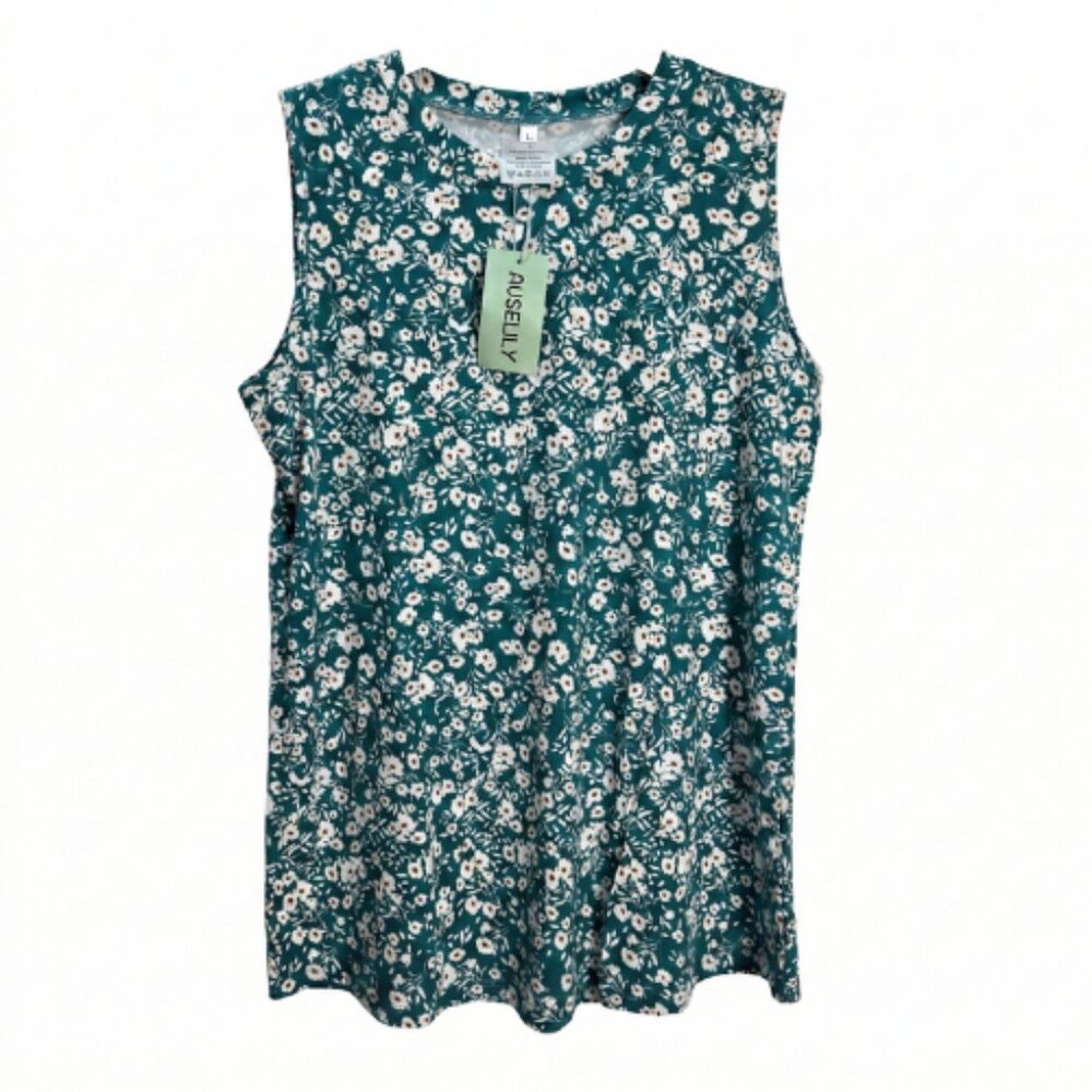 NWT | Auselily Teal Green & White Floral Top | Sleeveless | Size Large